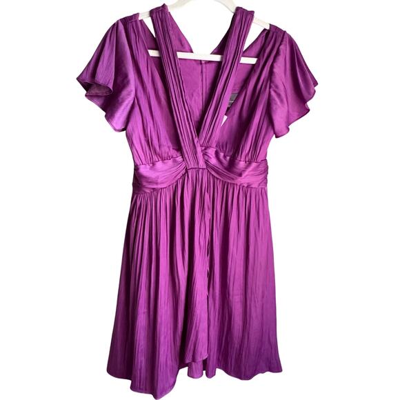 By Anthropologie Vibrant Deep V Mini Dress Purple Fuchsia A-Line Cocktail NWT - Picture 2 of 8